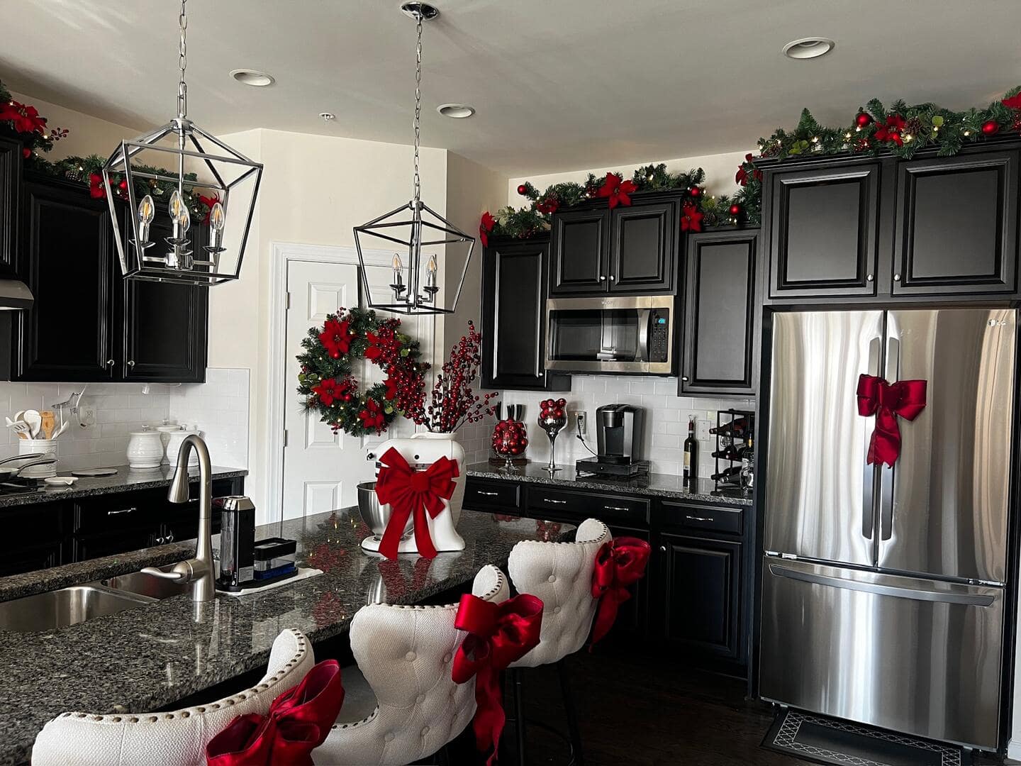Kitchen space decorated with Berry Bliss holiday decorations.