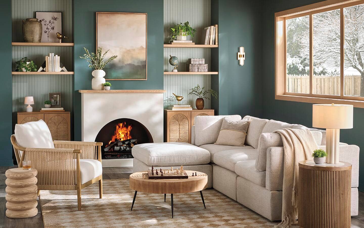 A living room with furniture arranged around a fireplace to facilitate conversation and easy movement A living room with furniture arranged around a fireplace to facilitate conversation and easy movement