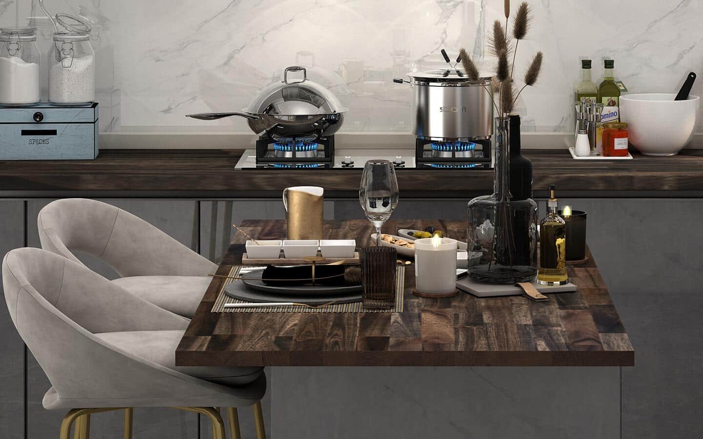 A butcher block countertop on an island in a kitchen, set with a meal for one