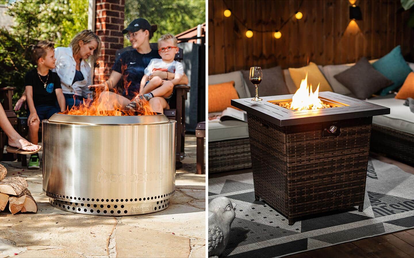 A set of two images with one showing a family around a wood burning fire pit and one showing a liquid propane fueled pit.