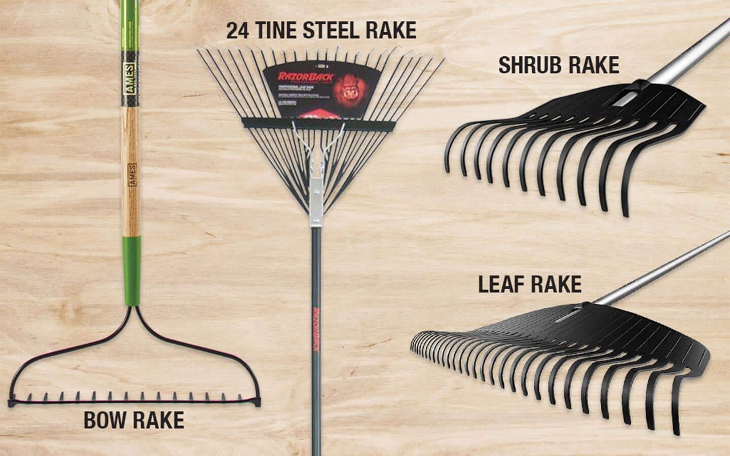An infographic shows four types of rakes.
