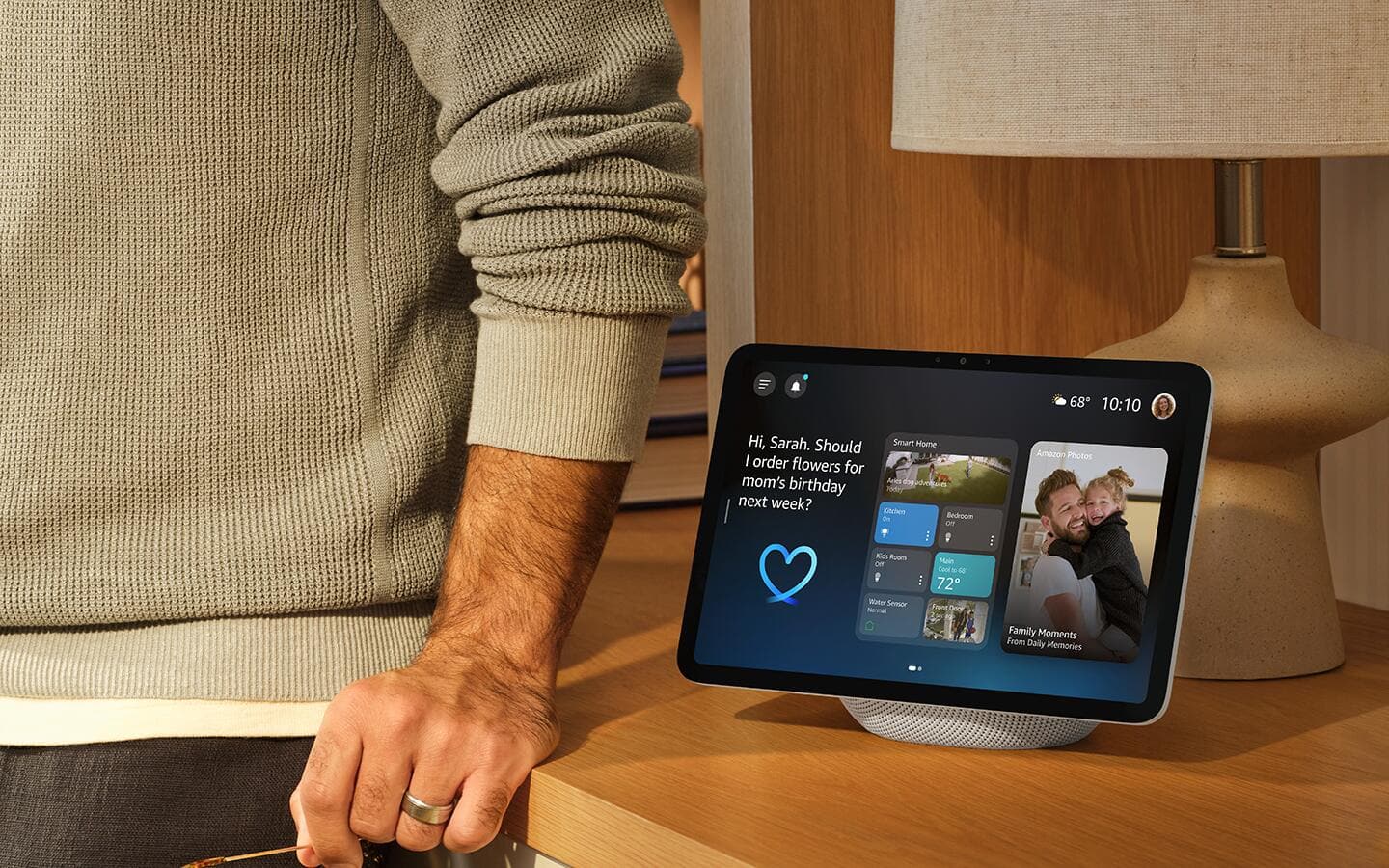 A smart display on a wooden surface. A smart display on a wooden surface.