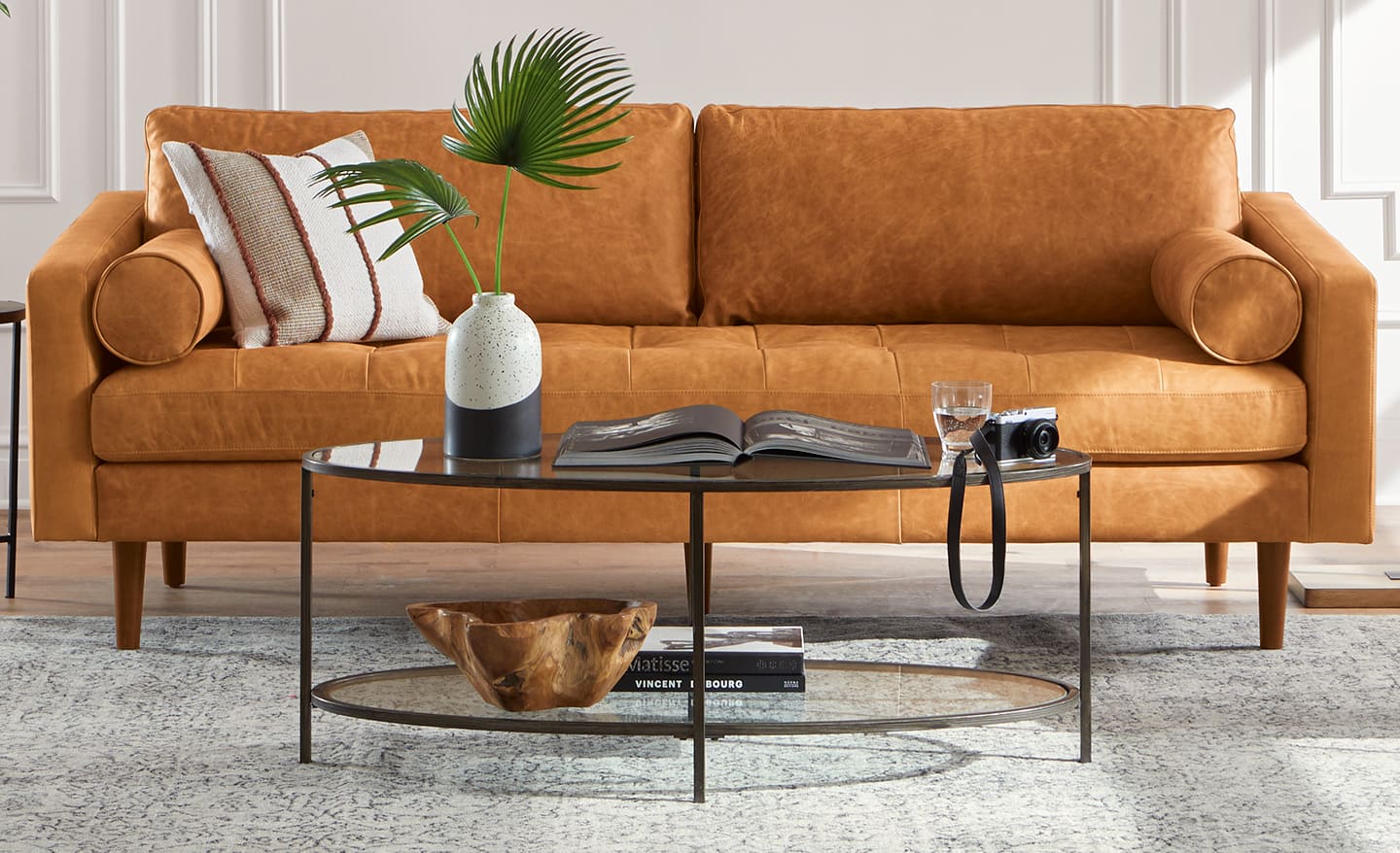 Coffee table with objects in a living room