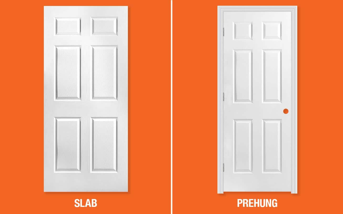 A slab door and a pre-hung door featuring a recessed panel design.