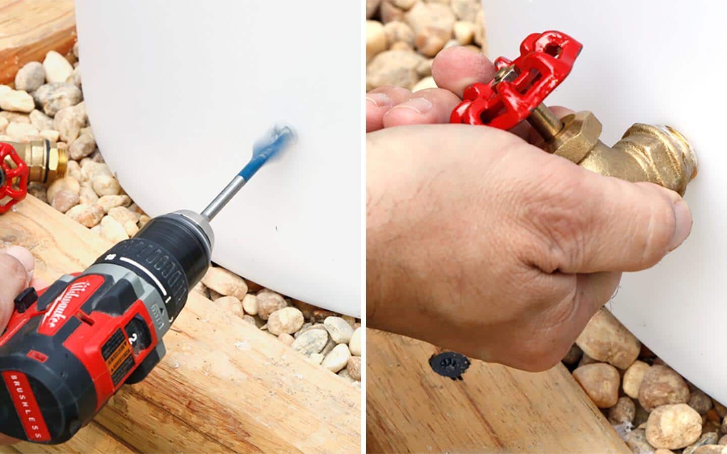 A person drilling a hole in a rain barrel and then attaching a spigot. A person drilling a hole in a rain barrel and then attaching a spigot.