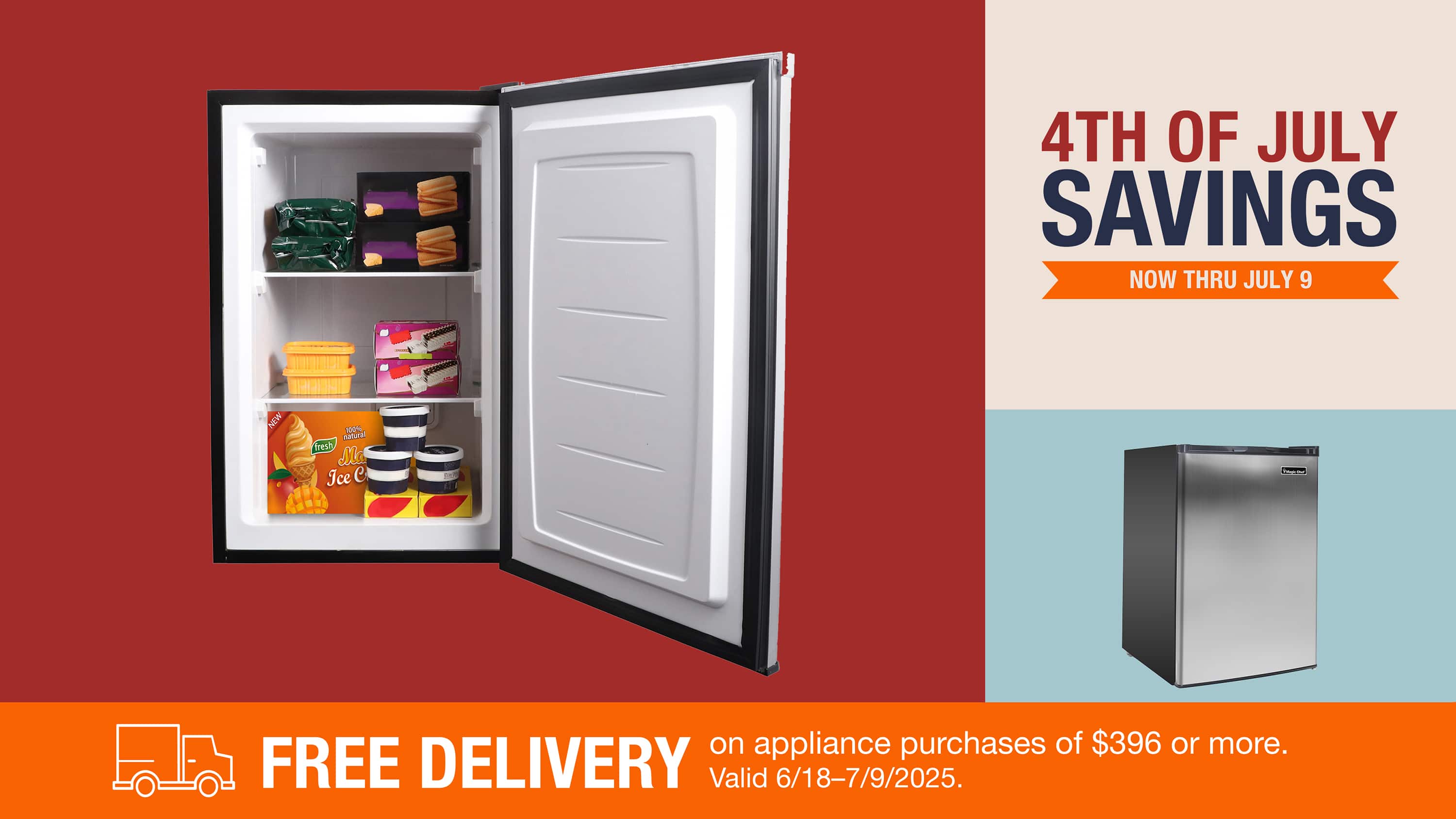 Free Delivery on appliance purchases of $396 or more. Valid 6/18–7/9/2025.