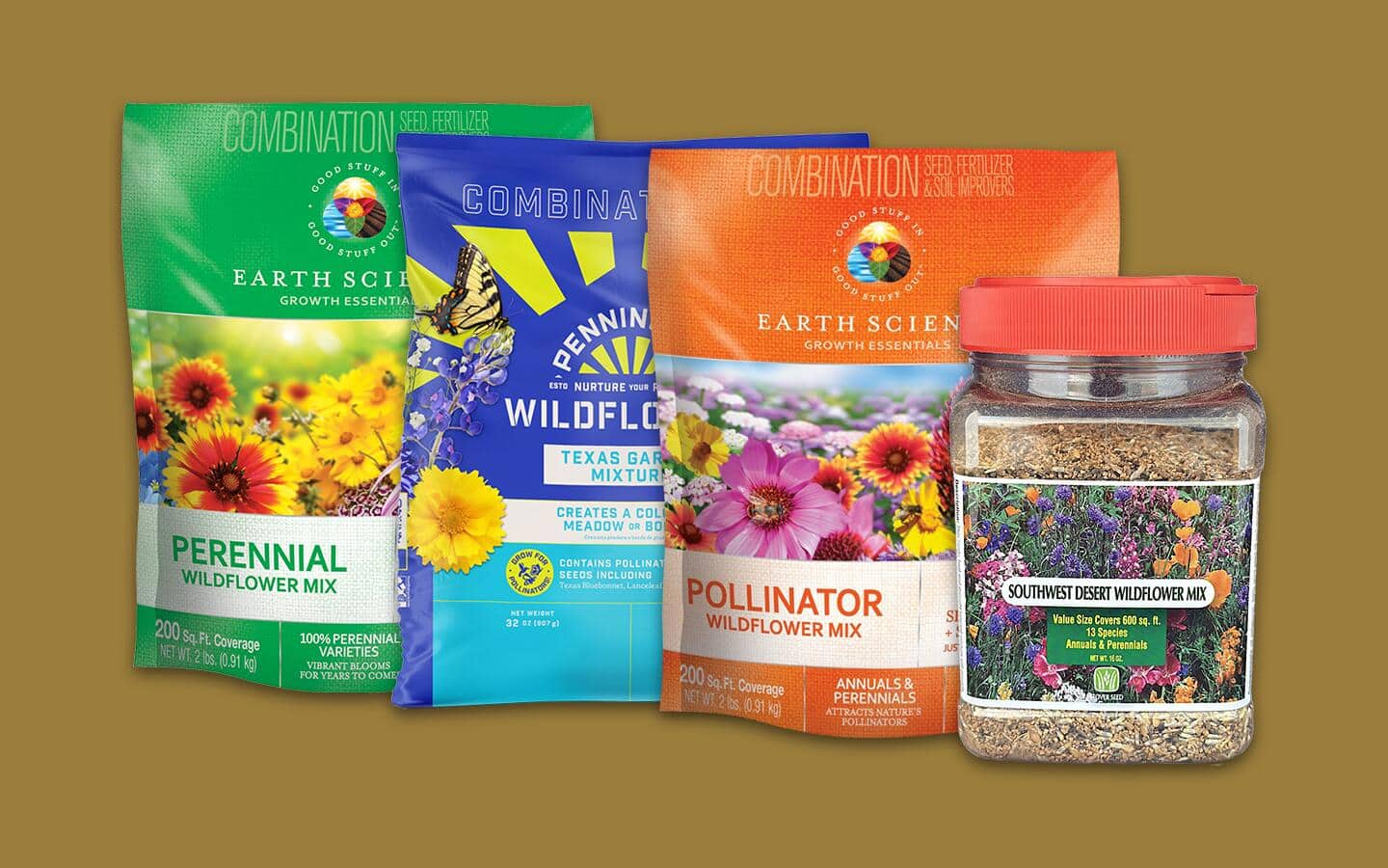 Prepackaged bags of wildflower seed mixes lined up in a row.