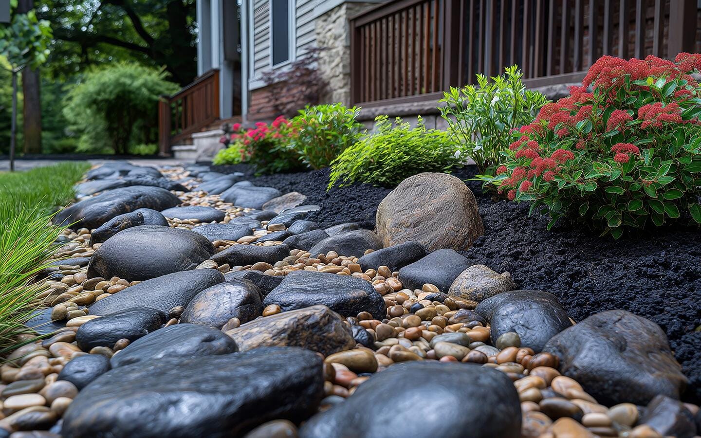 Landscape rocks, including river rocks, placed in front of various plants. Landscape rocks, including river rocks, placed in front of various plants.