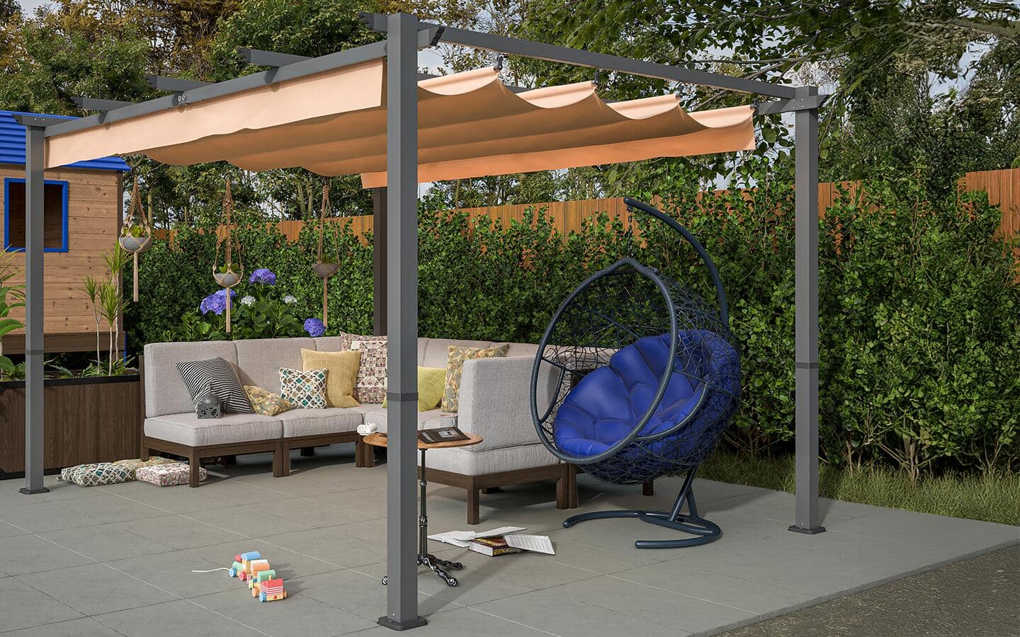 A pergola with a shade covers outdoor seating including a sofa and chair