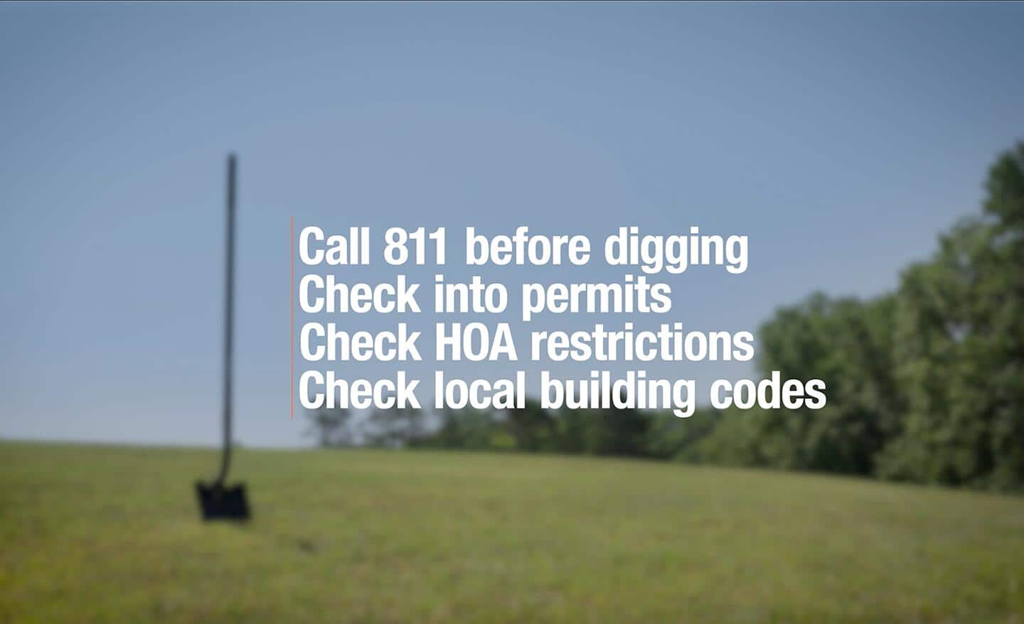 A graphic reminding the reader to call 811 before digging and to check into permits for construction.