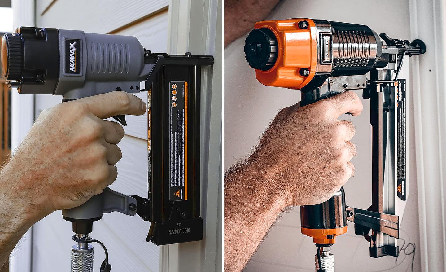 An image of two nailers. The left is a pneumatic brad nailer, and the right is a pneumatic finish nailer.