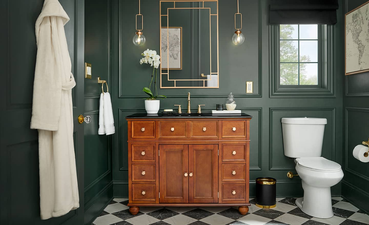 Single vanity with oak cabinet in bathroom