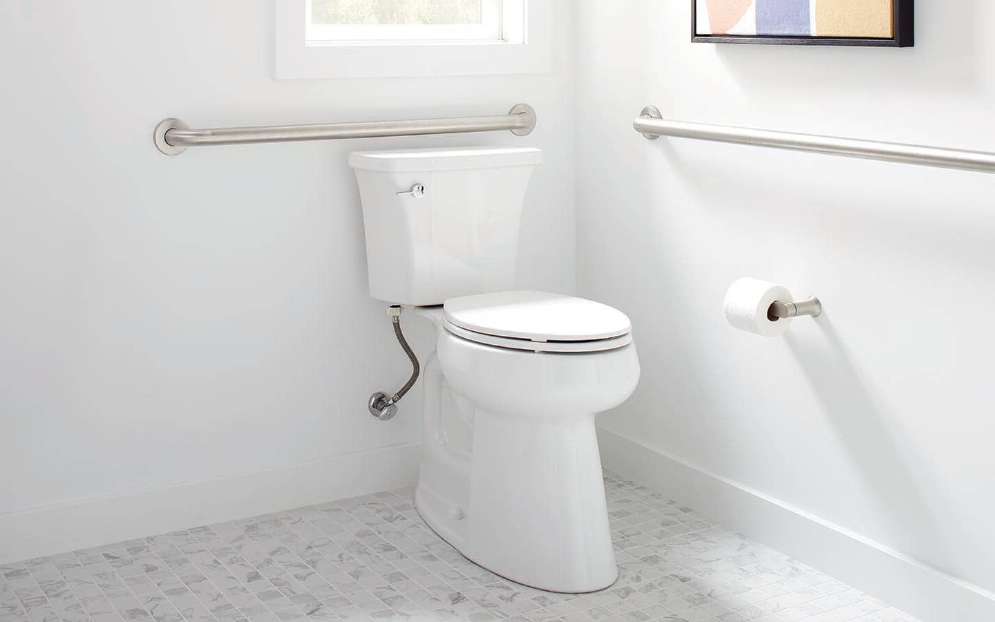 A tall toilet with two grab bars. A tall toilet with two grab bars.