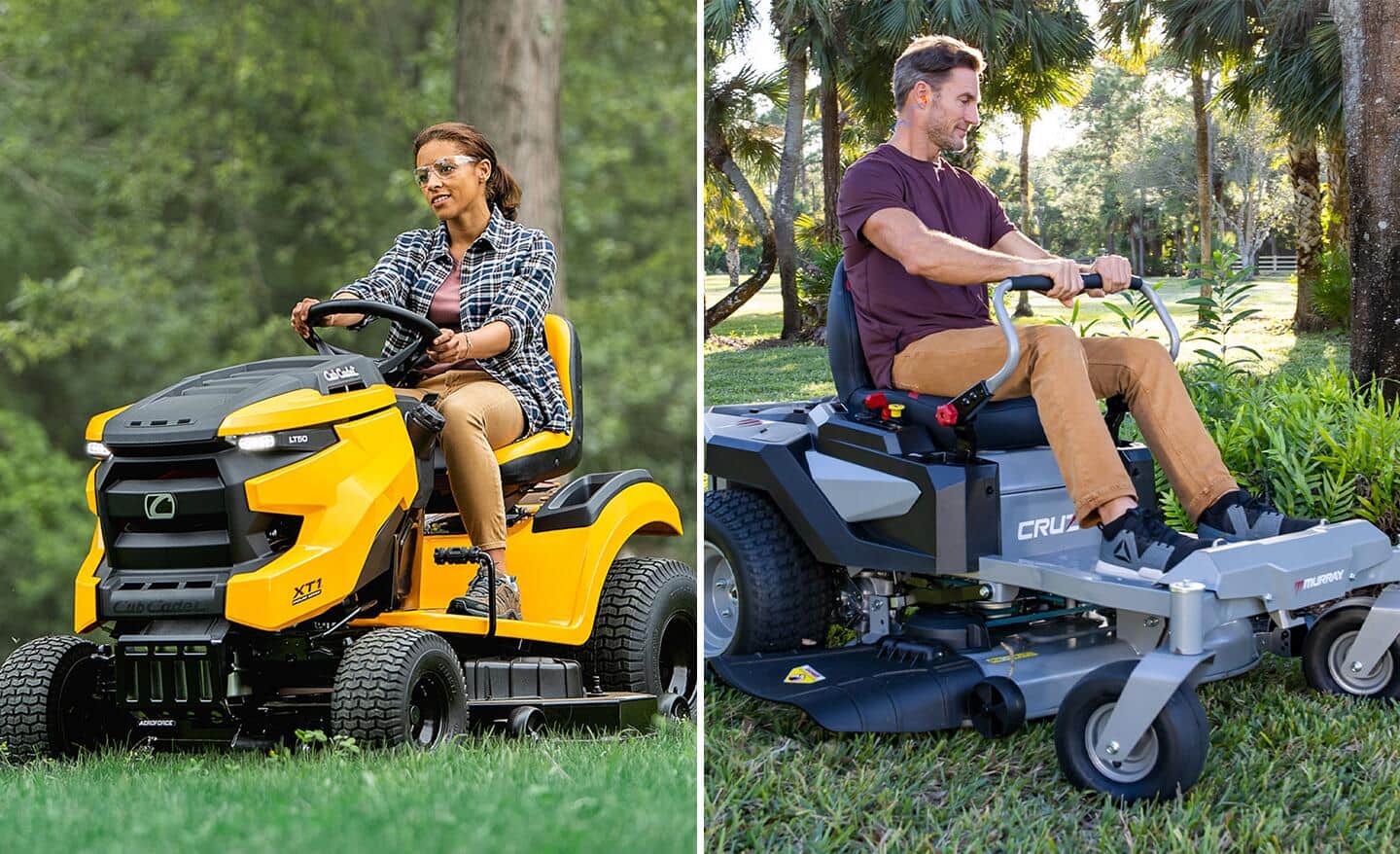 A split screen image of a person riding an electric lawn mower and another person riding a gas mower.