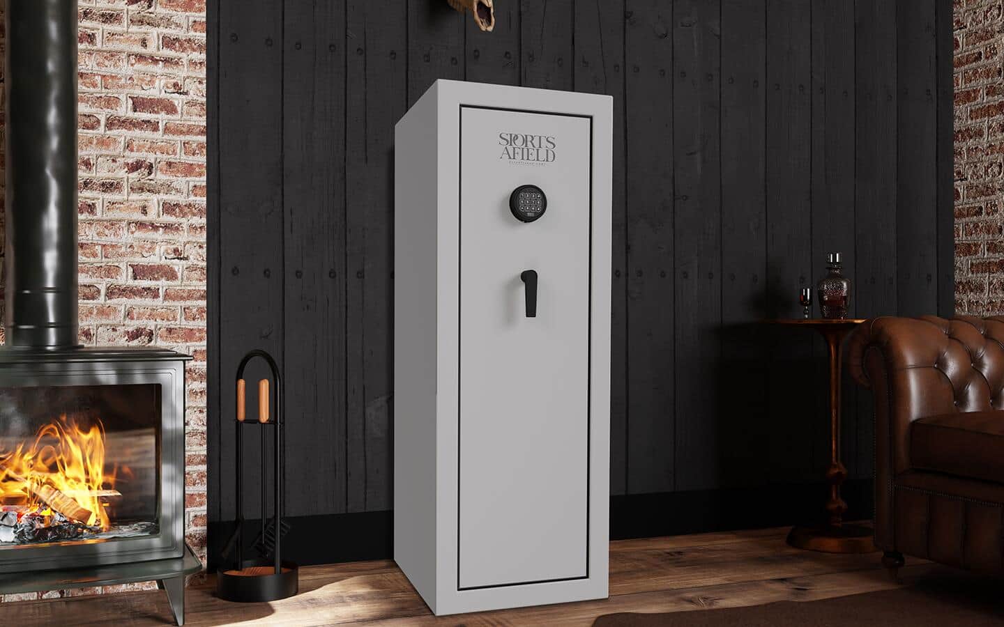 A gray long gun safe containing rifles besides a lit fireplace.
