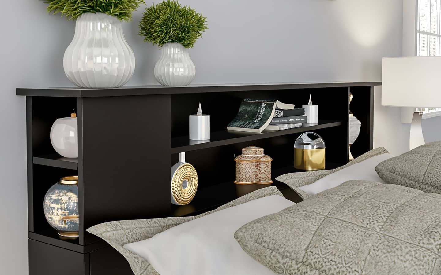 A black headboard with built-in storage and display shelves