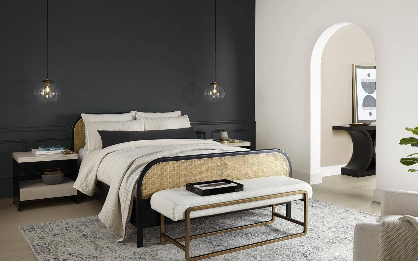 A bedroom with black and white walls. A bedroom with black and white walls.