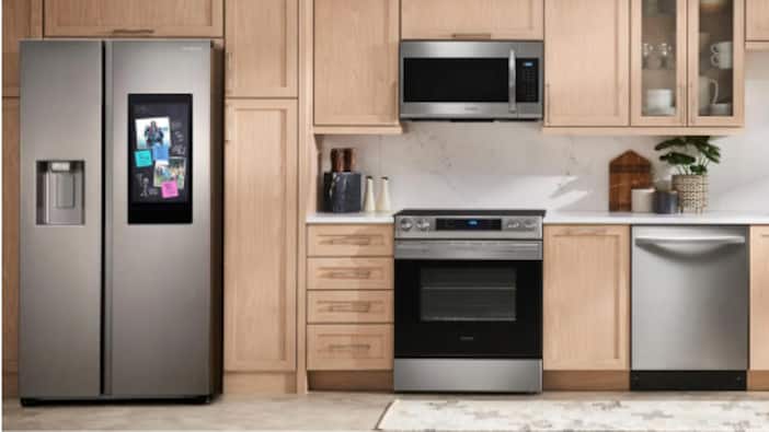 A kitchen features smart appliances.