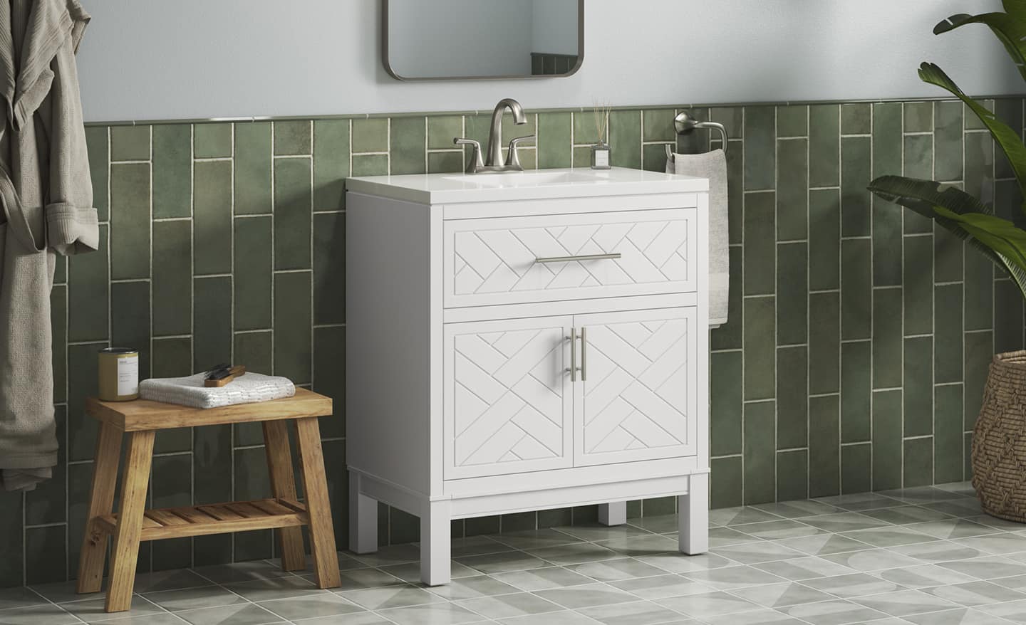 A single vanity in white in a bathroom