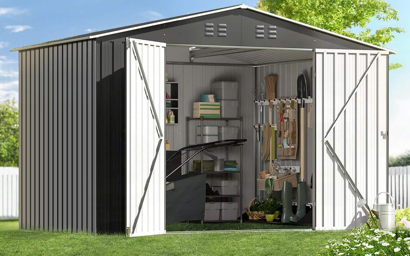 A tool shed with open doors show that it's filled with landscape tools and supplies