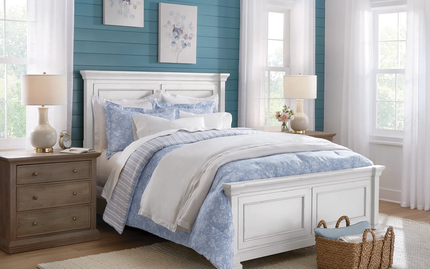 Blue bedroom with white trim