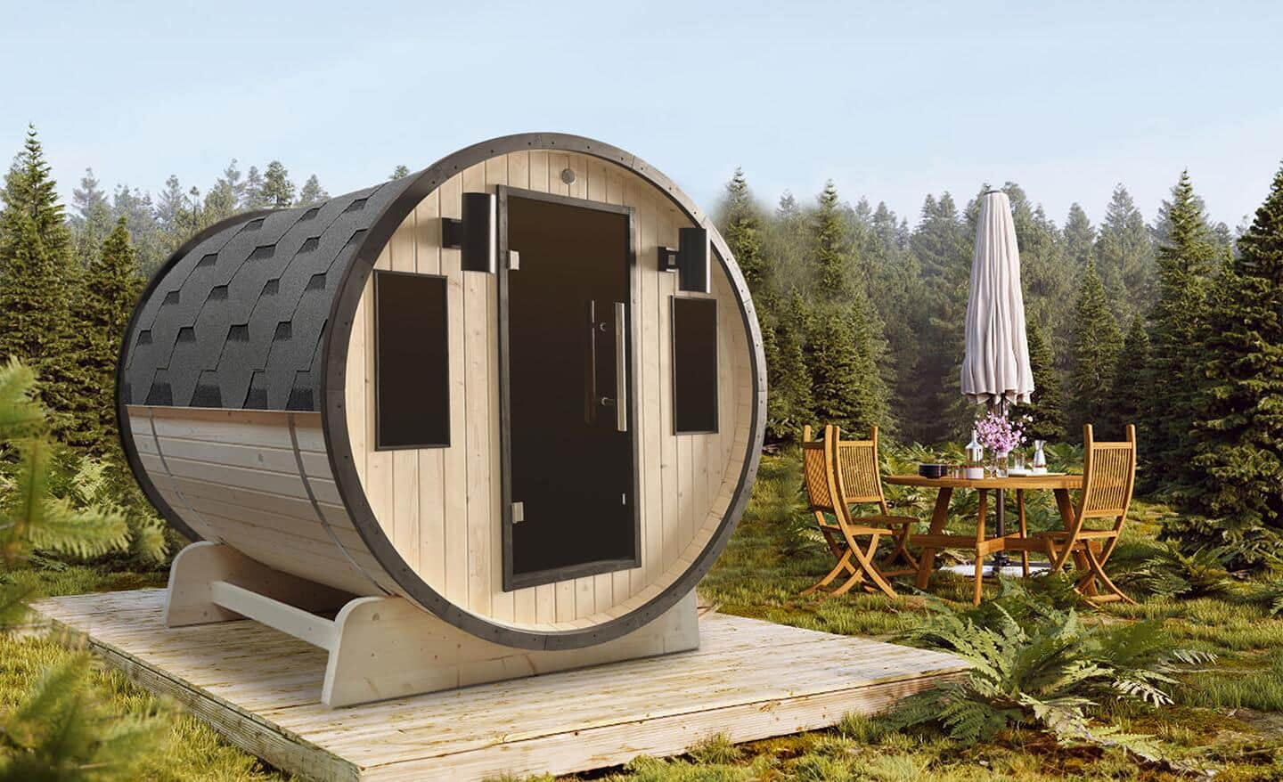 A barrel-shaped sauna sitting outside near an outdoor dining table, surrounded by trees.