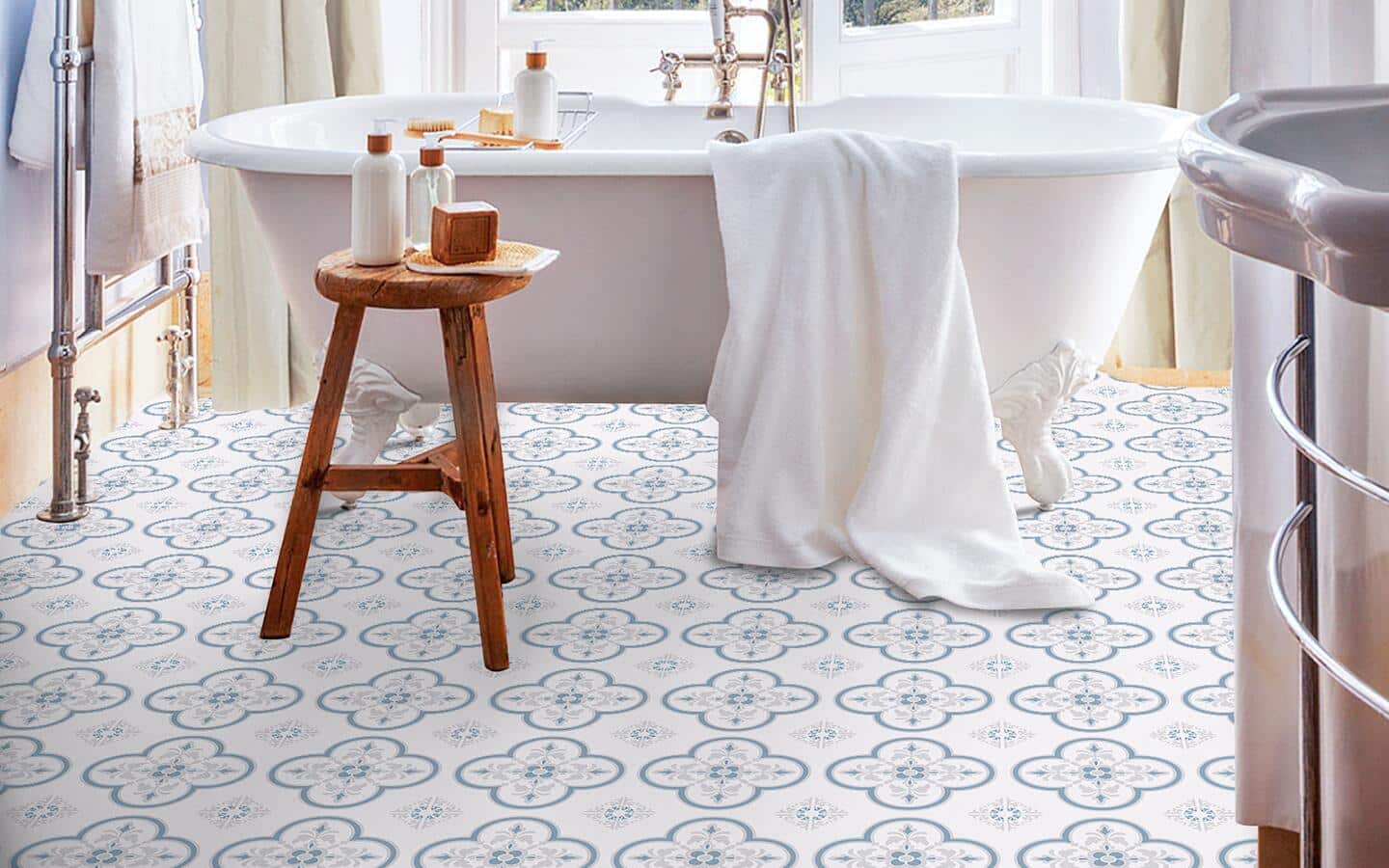 A bathroom covered in a classic tile pattern using peel and stick wallpaper. A bathroom covered in a classic tile pattern using peel and stick wallpaper.