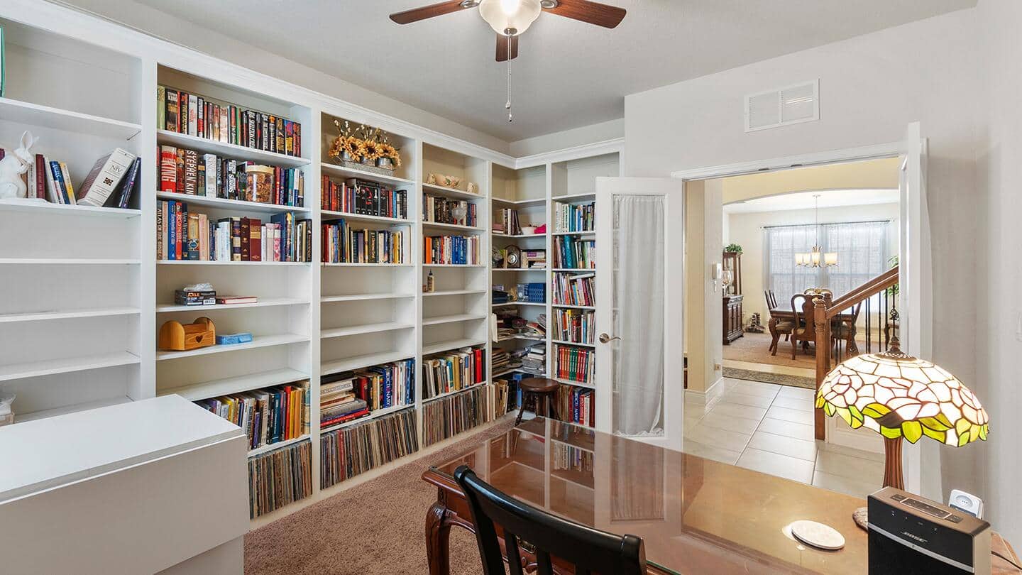 A built-in shelving unit.