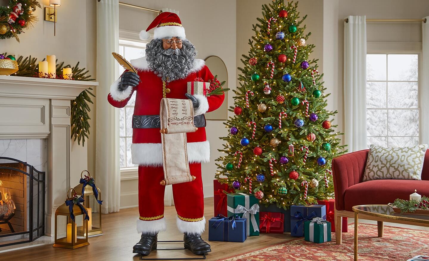 An animatronic Santa figure with a grey beard stands near a decorated fireplace. An animatronic Santa figure with a grey beard stands near a decorated fireplace.