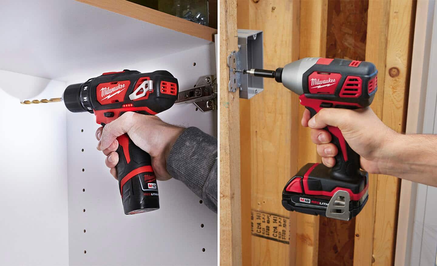 A side by side image of 12 volt and 18 volt cordless tools.