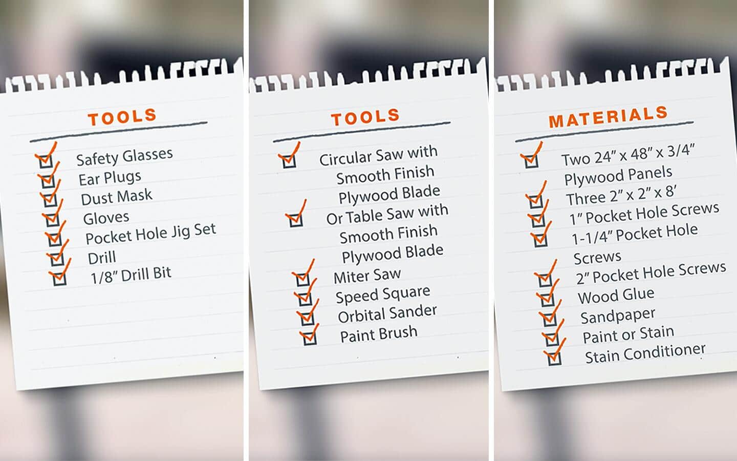 Side-by-side images showing a list of tools and materials needed to construct a DIY desk.