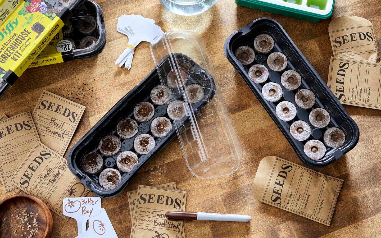 Seed starting supplies like peat pellets, trays, seed packets and plant markers on a table