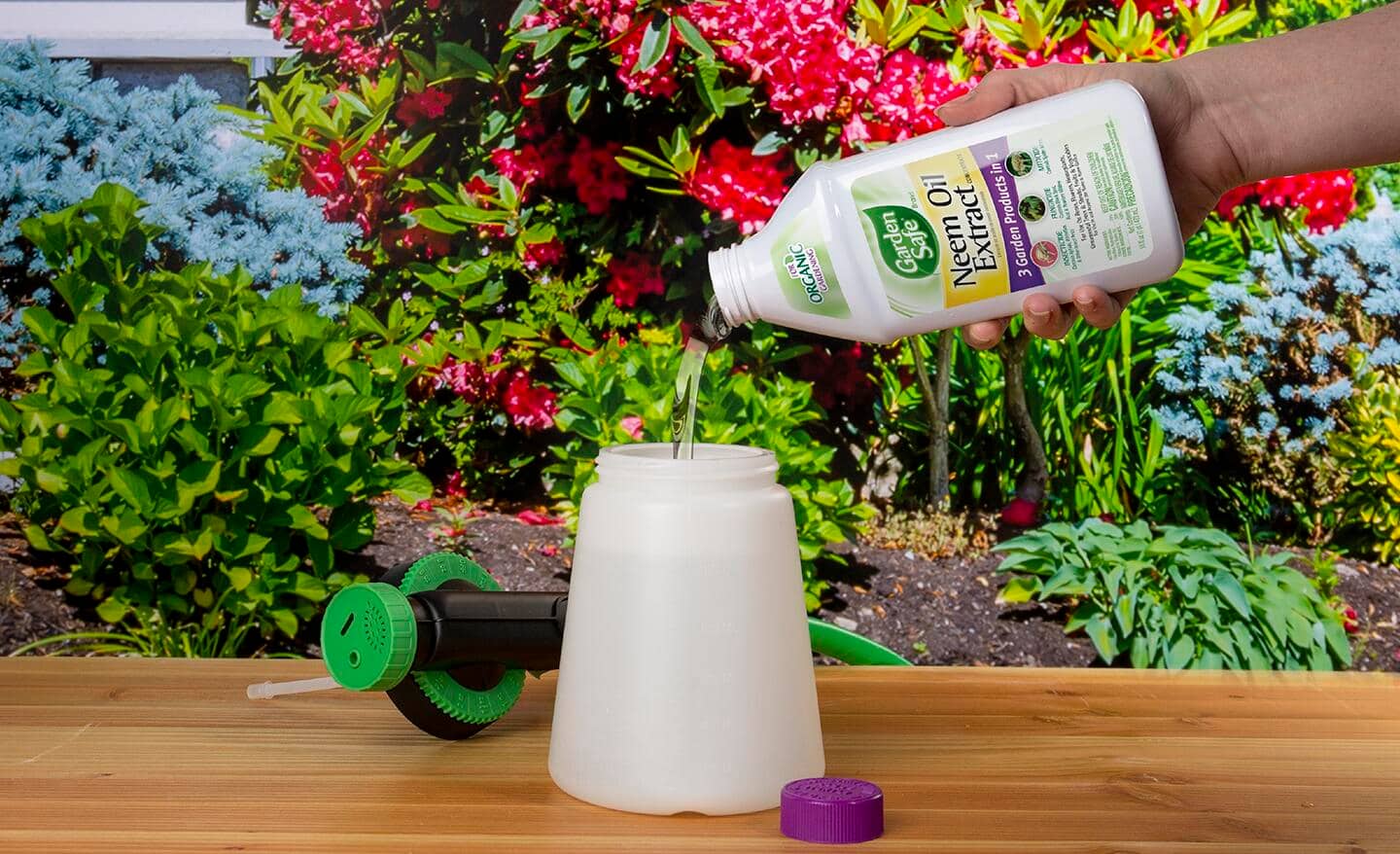 Gardener pours chemicals into a sprayer