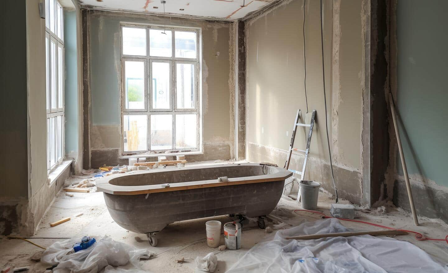 A bathroom with drywall removed from the walls.