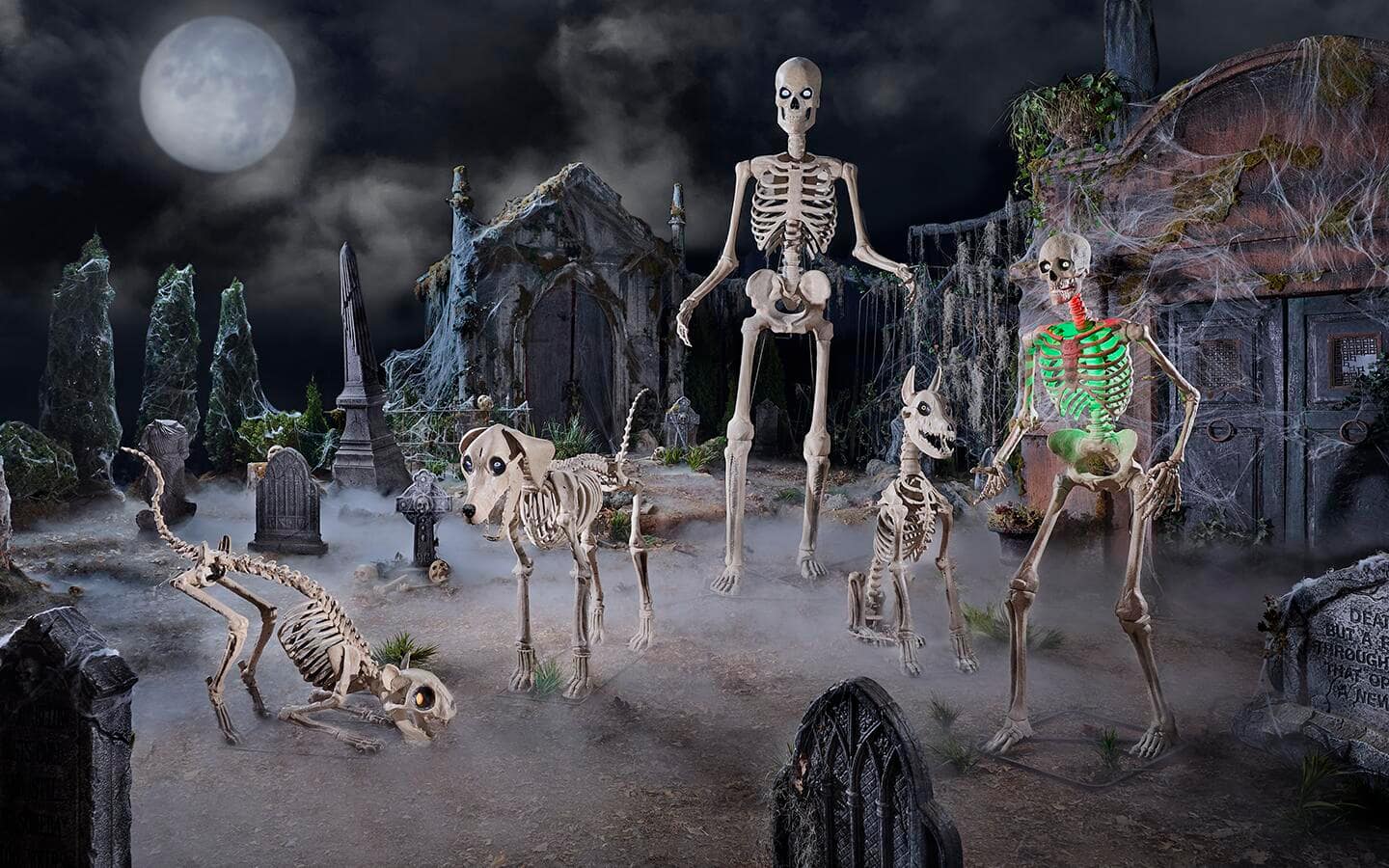 A 12-foot skeleton surrounded by his skeleton friends including a playful dog or two. A 12-foot skeleton surrounded by his skeleton friends including a playful dog or two.