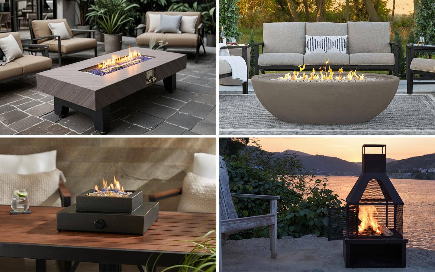 A set of four images displaying different types of fire pits.