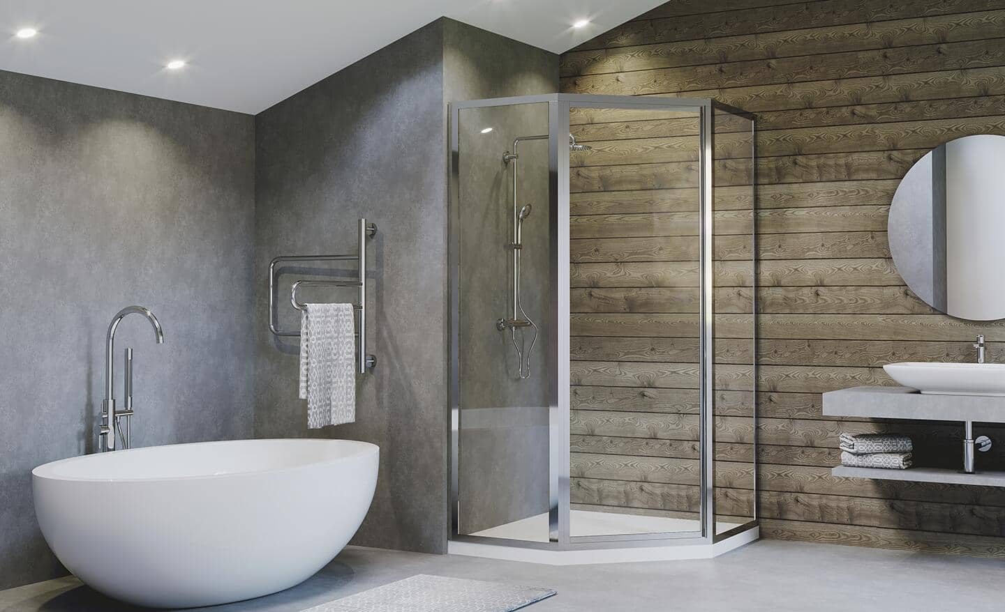 A modern bathroom with a neo-angle shower.