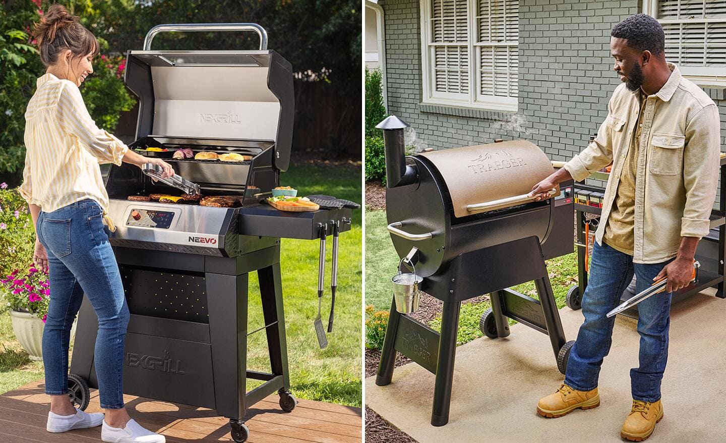Side-by-side image of one person using a gas grill and one person using a pellet grill. 
