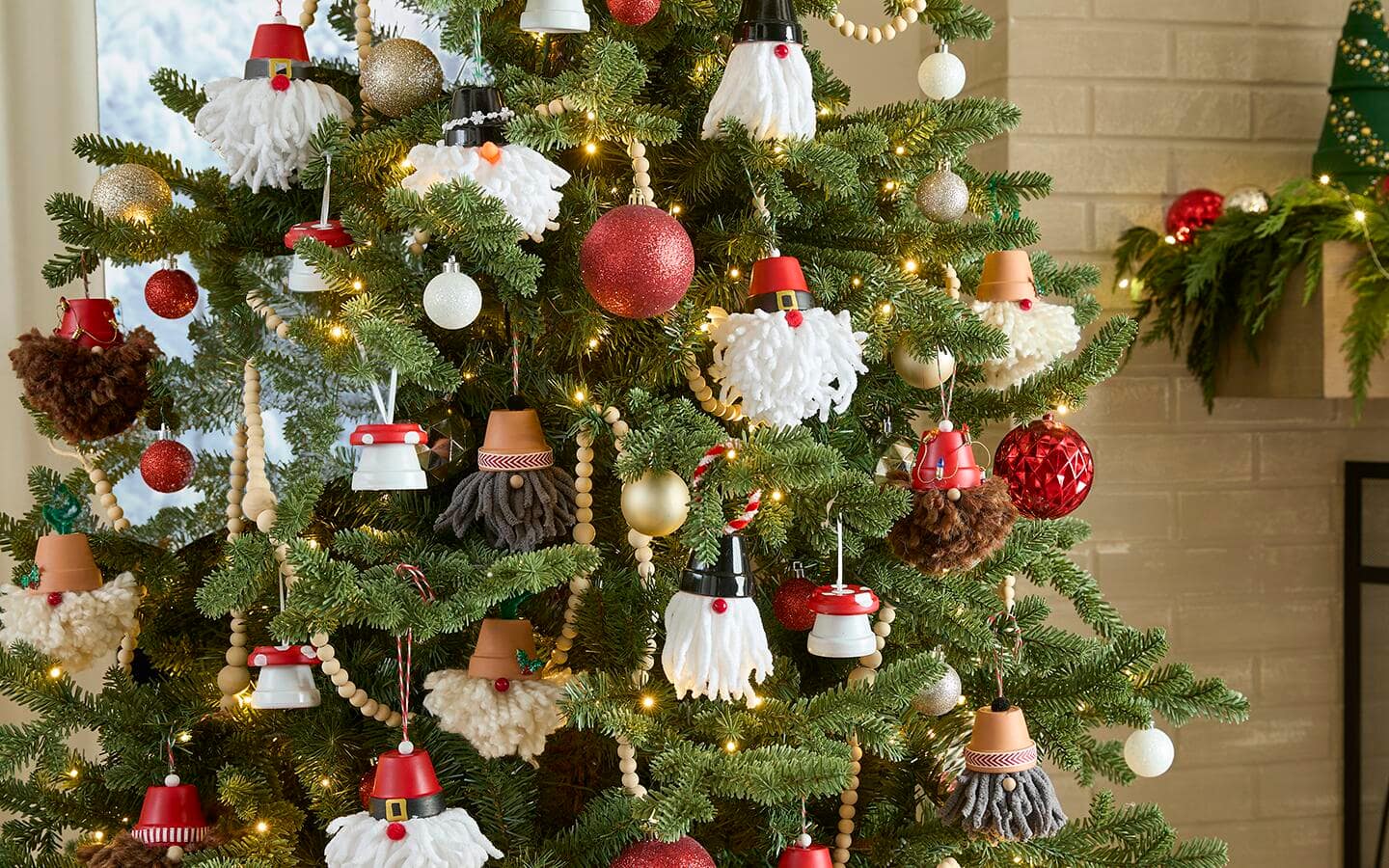 A holiday tree filled with charming ornaments that resemble gnomes.