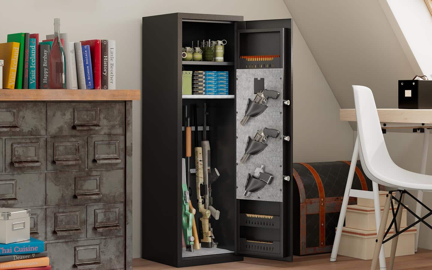 An opened gun safe with shelving containing ammunition and accessories.