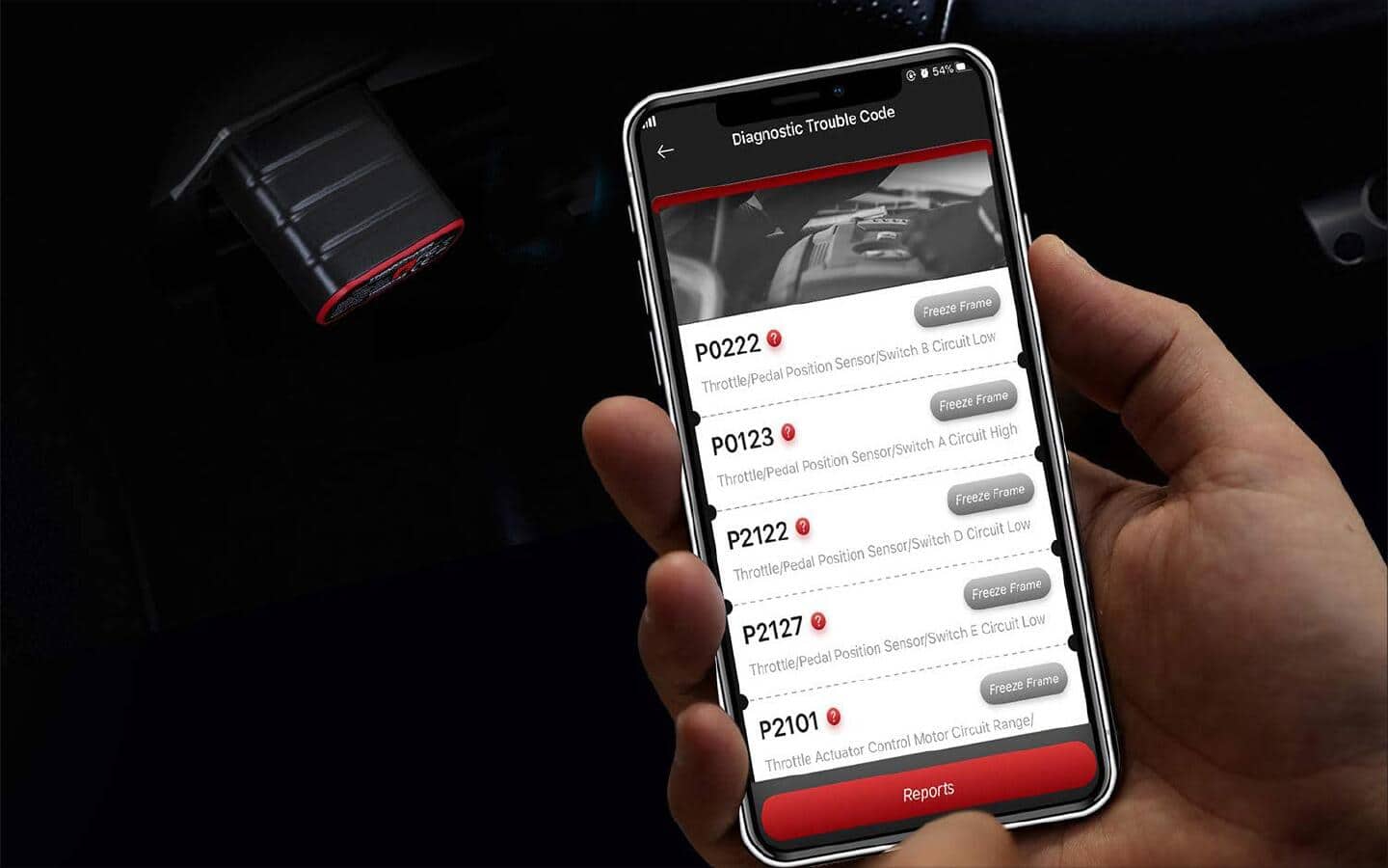 A close-up image of an OBD2 scanner code. A close-up image of an OBD2 scanner code.