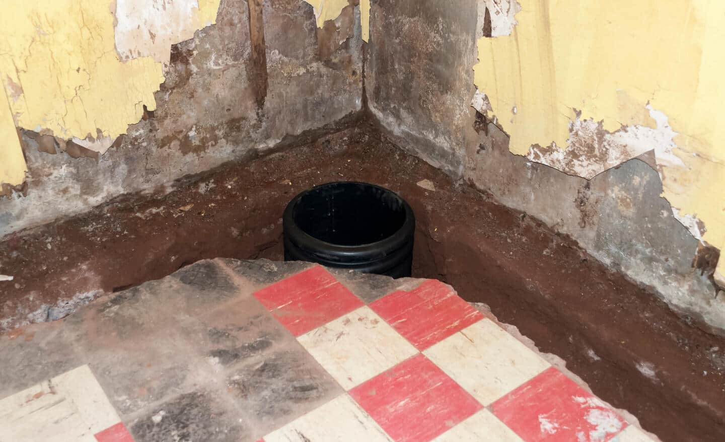 A French drain installed in a basement.