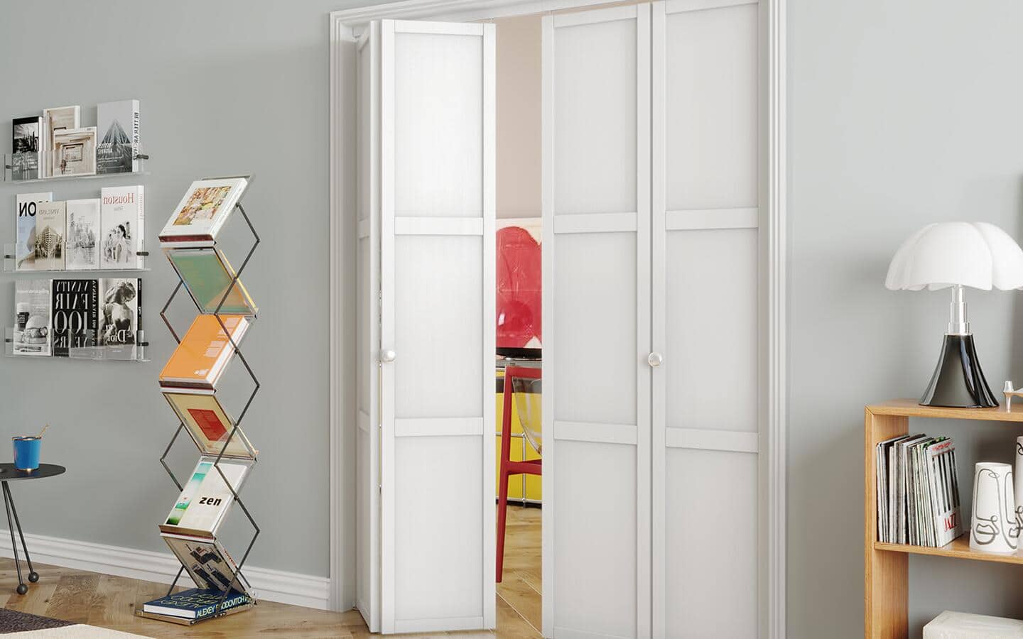 A pair of white bifold doors, with one open slightly to show items inside. A pair of white bifold doors, with one open slightly to show items inside.