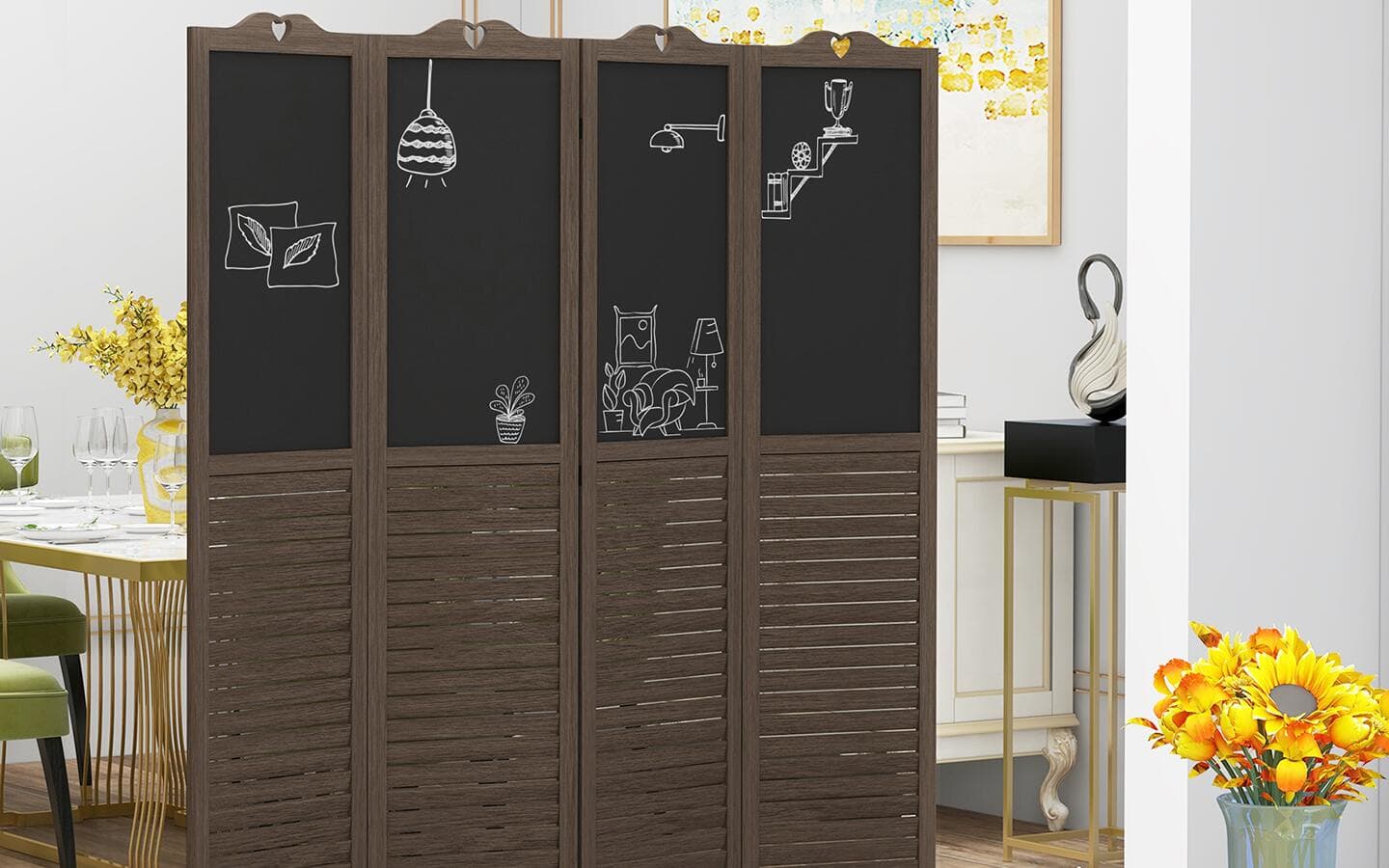 A brown room divider with a built-in chalkboard A brown room divider with a built-in chalkboard