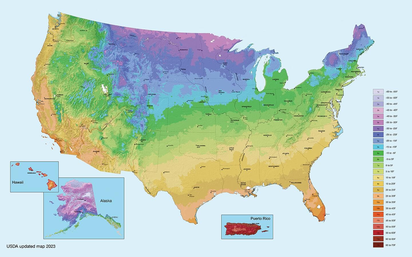 The USDA Hardiness
Zone map featuring different growing regions. The USDA Hardiness
Zone map featuring different growing regions.