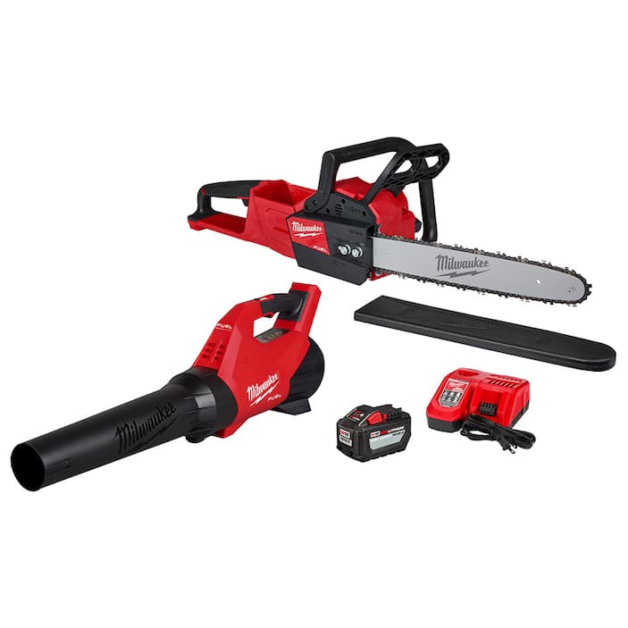Milwaukee M18 FUEL 16 in. 18-Volt Brushless Cordless Electric Chainsaw w/M18 Blower 12.0 Ah & Extra Chain Combo Kit (2-Tool)