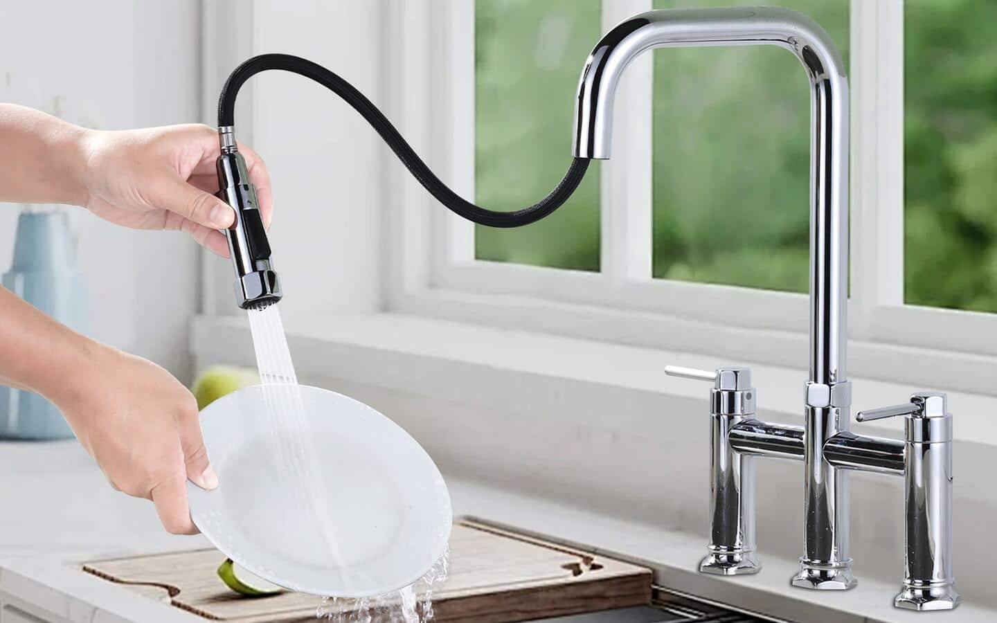 A kitchen faucet with a built-in sprayer.