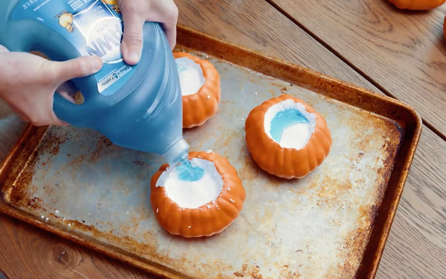 "Lava" ingredients are added to a pumpkin shell. "Lava" ingredients are added to a pumpkin shell.