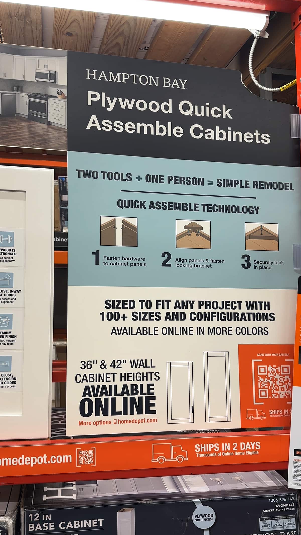 Inside of The Home Depot stores, the signage where the cabinets are stored and located.