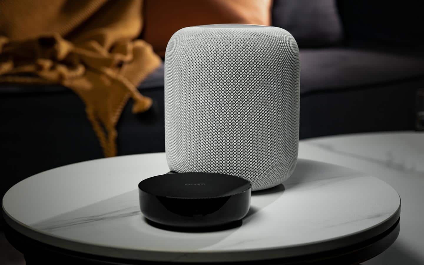 A smart speaker next to a smart home hub.